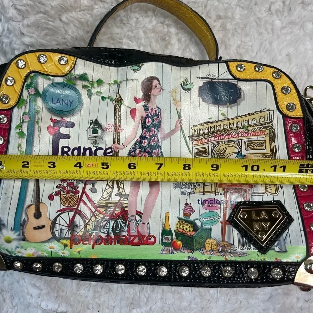 Kanu vintage multi color satchel/ shoulder bag gold tone and rhinestone accents